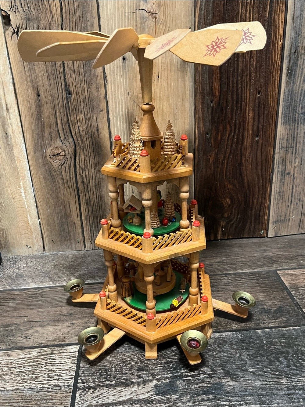 Wooden Christmas Pyramid Carousel - Natural Wood Finish